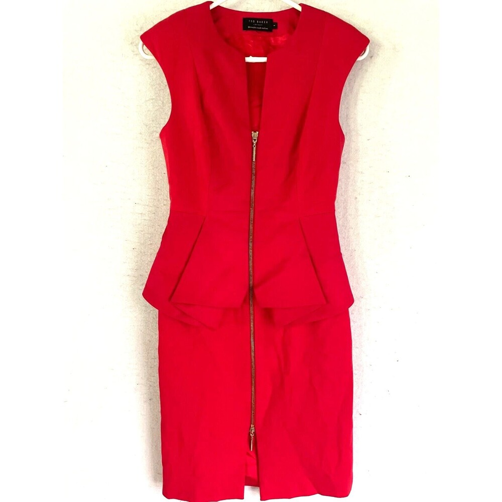 Ted Baker Womens Bodycon Dress XS 1 Red Structured Peplum Pencil Zip